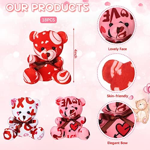 Haull 18 Pcs Valentine Heart Stuffed Animals Bears Bulk Gifts Plush Bears Bulk Mini Soft Stuffed Toys Small Cute Plush 4" for Adults Party Favors Home(XOXO)