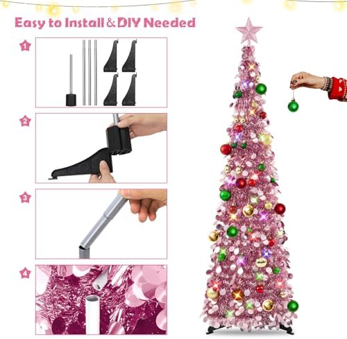 N&T NIETING Pop Up Christmas Tree with Lights & Ornaments, 5FT, Rose Gold