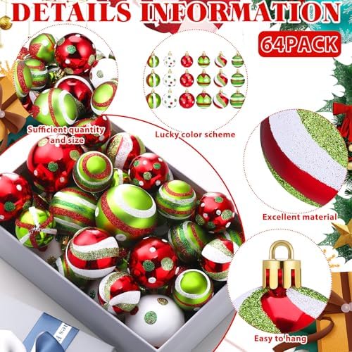 Lunmon 64 Pcs Lime Green Red Christmas Ornament Polka Dot Stripe Xmas Bulbs
