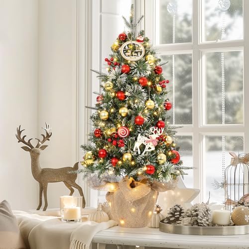 GarveeHome 3 ft Pre-Lit Artificial Mini Christmas Tree, Table Top Christmas Tree with 85 Warm White Led Lights, Cloth Bag Base, Battery Operated Outdoor Xmas Decor for Tabletop or Desk,1 Pack