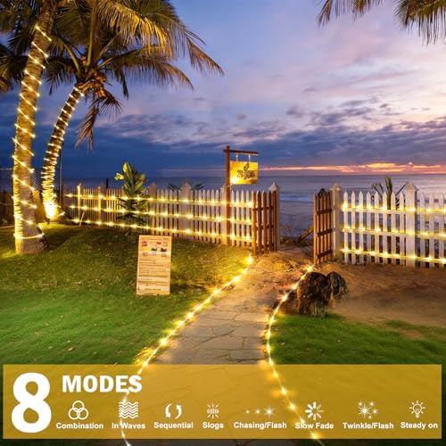 KNONEW Solar Rope Lights Outdoor 2 Packs Total 600LED 100FT Solar String Light Outside Waterproof with 8 Modes Clear Thin Tube for Pool Patio Garden Fence Camping Yard Deck Trampoline（Warm White）