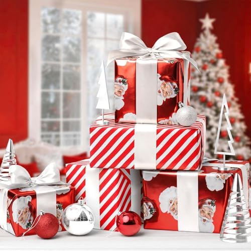 LaRibbons Vintage Santa Foil Christmas Wrapping Paper, Candy Cane Stripe