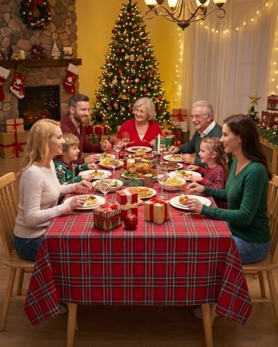 Red Christmas Tablecloth Rectangular, Tartan Plaid, 60x84 Inch