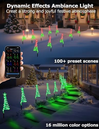 8 Pack Christmas Pathway Lights Outdoor with RGBW DIY Modes, APP Control Spiral Lighted Xmas Tree Path Lights with Scene Modes, Schedule & Music, Christmas Yard Decorations Outdoor Waterproof