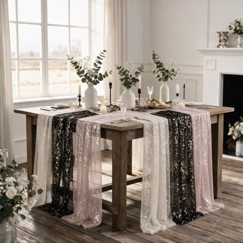 Artoid Mode 3PC Beige Black Pink Gauze Table Runner 120 Inch 10FT, Glitter Metallic Foil Sheer for Wedding Anniversary Holiday Birthday Home Party Decor