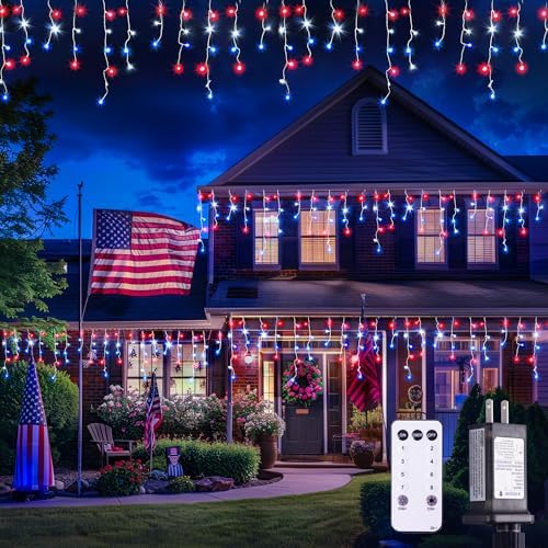 JMEXSUSS Icicle Lights for 4th of July Decor, 400 LED Red White and Blue