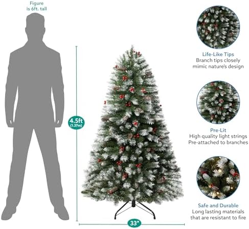 Naomi Home 4.5ft Vancouver Pre-Lit Artificial Christmas Tree with Pine Cones, Faux Berries, Foot Pedal, 398 Branch Tips, 200 Warm Lights and Metal Stand, 33" wide