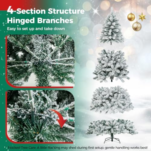 HAPPYGRILL 7.5 Feet Flocked Christmas Tree Artificial Xmas Tree with 1010 PVC Branch Tips, Hinged Xmas Tree Life-Like Seasonal Holiday Tree for Home Office