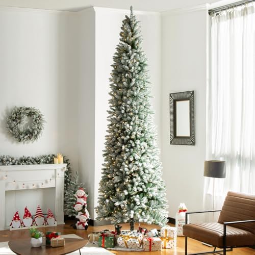 Glitzhome 11ft Prelit Artificial Christmas Tree, Snowy Splendor Fir Hinged Pencil Christmas Tree Holiday Decoration with 950 Warm White Lights and Foldable Metal Stand, Easy Assembly