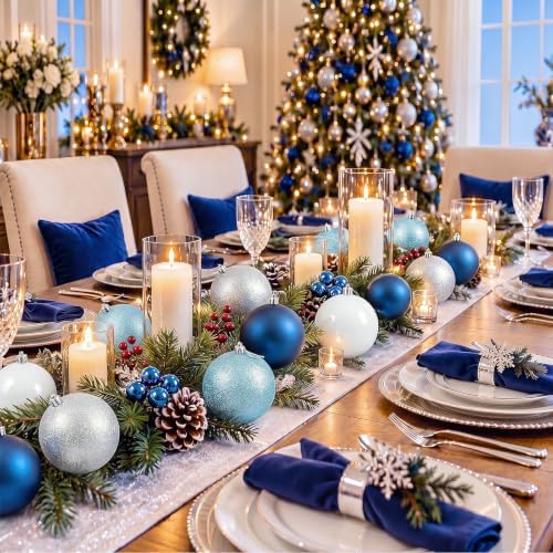 Jenaai 12 Pack Blue Sliver White Large Christmas Ball Ornaments Set, 4 Inch