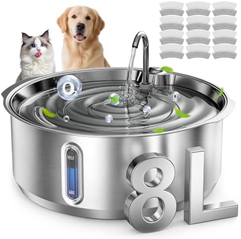 Invengo 8L/270oz Quiet Stainless Steel Dog Water Fountain, 12 Filters
