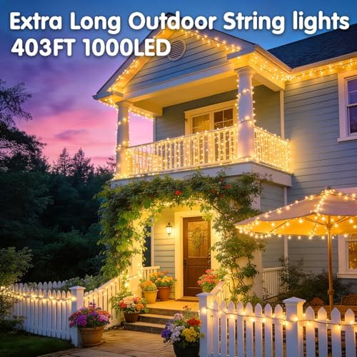 KNONEW 403FT 1000 LED Christmas Lights Outdoor String Lights 8 Modes & Timer Fairy Light Plug in Waterproof LED String Lights for Xmas Yard Tree Wedding Party Holiday Decorations (Warm White)