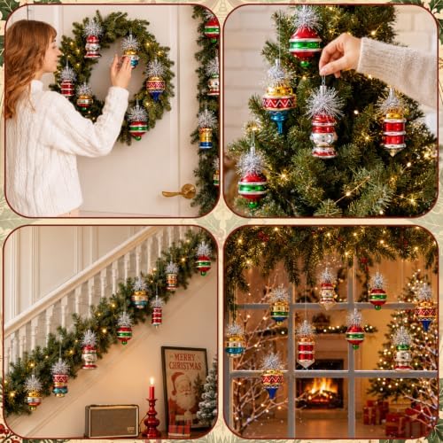 Soulchen 8pcs Retro Glass Christmas Finial Ornament with Reflector for Tree