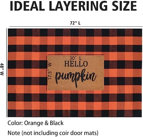 Orange and Black Plaid Rug, 4' x 6' Fall Outdoor Front Door Decor Mat, Cotton Washable Hand-Woven Rug for Layered Doormat, Autumn Halloween Thanksgiving Carpet for Porch, Entryway