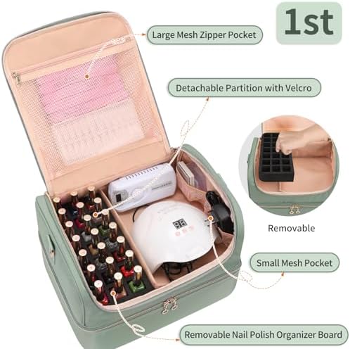 CUBETASTIC Nail Polish Organizer, Nail Tech Organizers and Storage Case Holds 69 Bottles Nail Polish & Nail Lamp, Travel Nail Supplies bag for Nail Tech Kit & Manicure Tools, Green