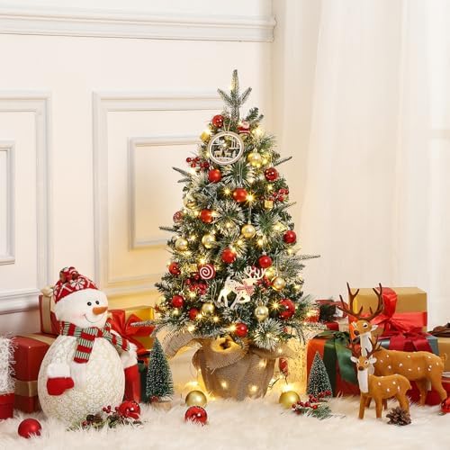 GarveeHome 3 ft Pre-Lit Artificial Mini Christmas Tree, Table Top Christmas Tree with 85 Warm White Led Lights, Cloth Bag Base, Battery Operated Outdoor Xmas Decor for Tabletop or Desk,1 Pack