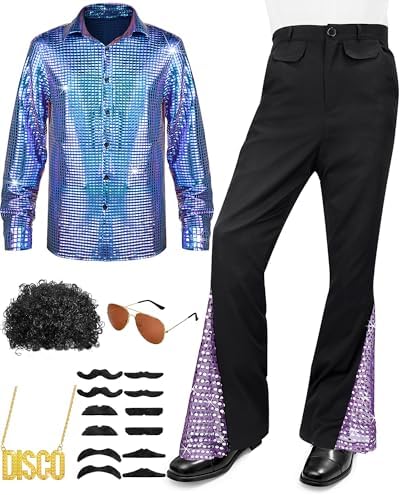 Mepase 6 Pcs Men 70s Disco Outfit Bell Bottom Pants Wig