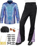 Mepase 6 Pcs Men 70s Disco Outfit Bell Bottom Pants Wig