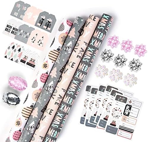 WRAPAHOLIC Christmas Wrapping Paper Set - Rustic Kraft Pink and Grey Christmas Kraft Wrapping Paper Bundle with Gift Bow & Ribbon & Tag & Sticker, Perfect for Birthday, Holiday, Party