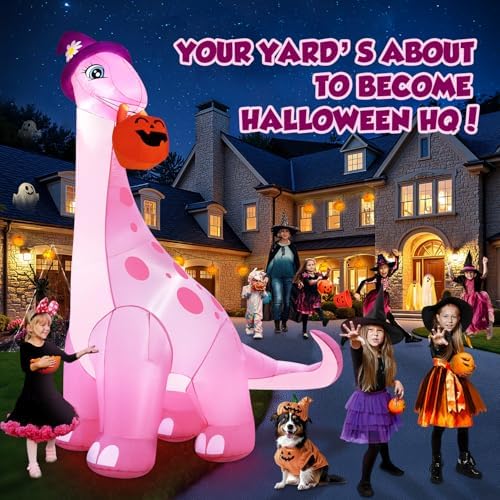 zukakii 13FT Giant Halloween Inflatables Decorations Outdoor Pink Dinosaur, Huge Halloween Blow Up Yard Decorations Dino with Large Pumpkin Witch Hat Build-in LED Light Strong Blower for Party Lawn