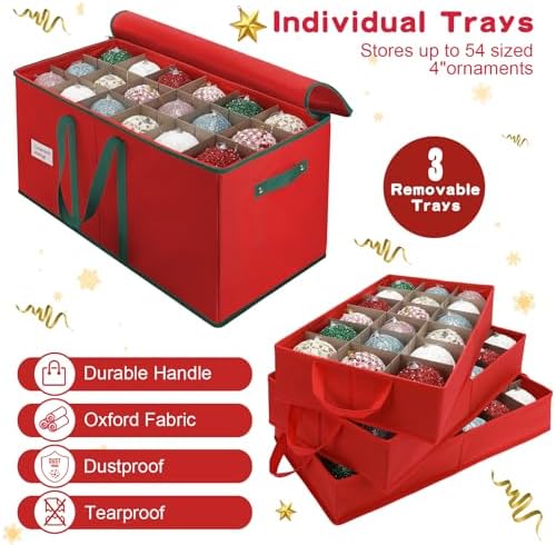 Large Christmas Ornament Storage Box Keeps 54 4" & 3 Individual Trays