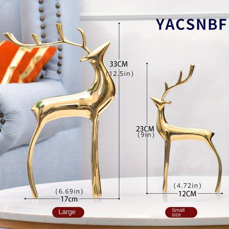 Reindeer Figurine Statues Deluxe Set of 2, Christmas Deer Pure Copper Heavy Reindeer Ornaments for Home Decor Accents Living Room Office Bookself Tabletop Mantle Christmas Decoration, Gold