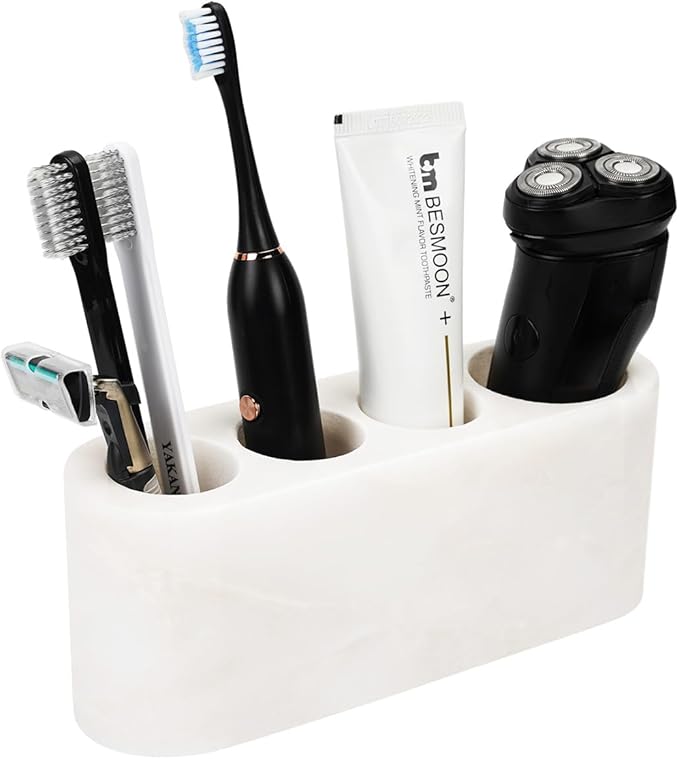 BCS Toothbrush Holder for Bathrooms, 4 Slots Marble Toothbrush and Toothpaste Holder Stand Bathroom Organizer Countertop for Electric Toothbrush, Floss, Razor, Comb - Karibib Ice