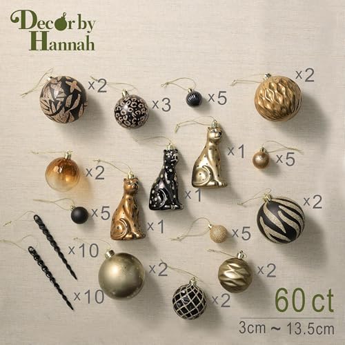 DecorbyHannah 60ct Black Gold Christmas Ornaments Set for Tree Decorations