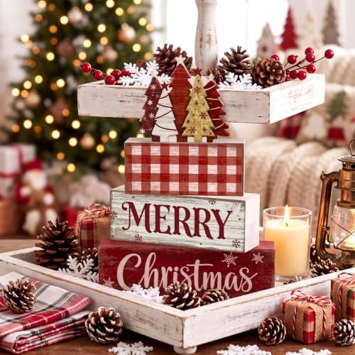 Moucuny 4 Pcs Christmas Table Decor Rustic Merry Wooden Christmas Tree Sign