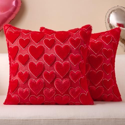 Softalker Red Heart Pillow Covers 18 x 18 Inch Set of 2, Mother's Day Decorative Soft Faux Fur Cushion Covers, 3D Embroidered Pillow Cases for Spring Summer Home Decor