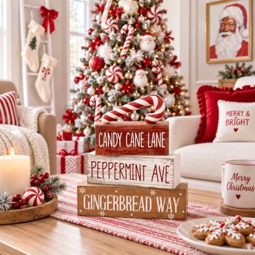 Moucuny 4 Pcs Christmas Table Decor Candy Cane Lane Sign, Wood Block Set