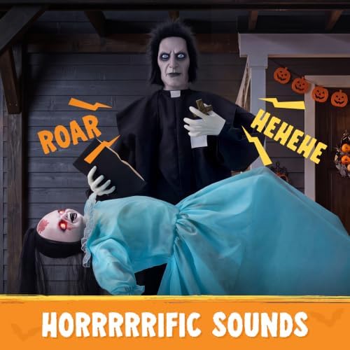JOYIN 69" Halloween Animatronic Decorations Outdoor Exorcist Priest and Levitating Girl, 2 Pcs Sound Activated Life-Size Prop with Floating Movement, Scary Haunted House Props for Garden Yard Lawn