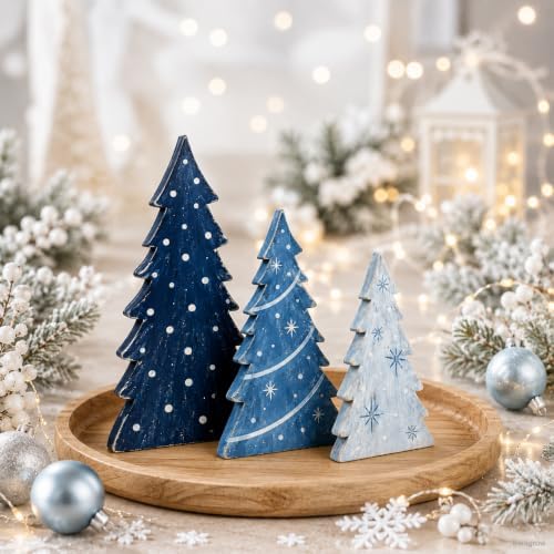Christmas Table Decorations Blue Wooden Mini Xmas Tree Tiered Tray Decor