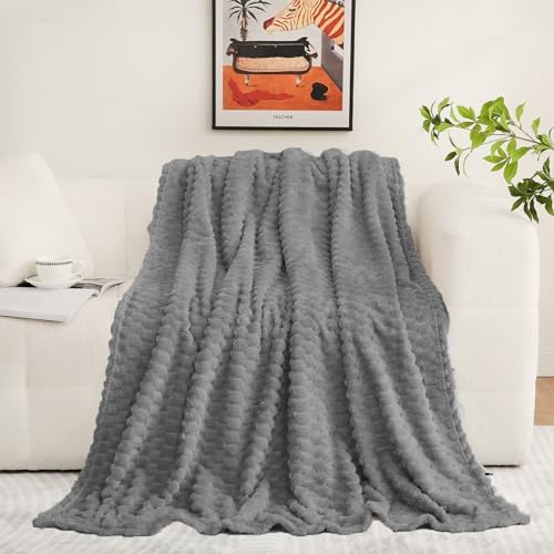 Puncuntex Grey Throw Blanket 90"×90" inches Fuzzy 3D Jacquard Decorative