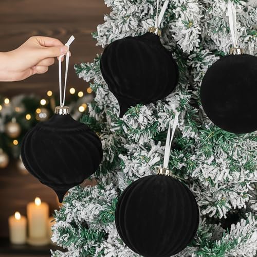 Civaner 4 Pcs Large Velvet Christmas Ball,6 Inch,Black