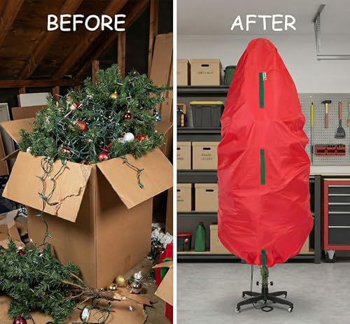 Upright Christmas Tree Storage Bag - Fits 7 Ft Artificial Xmas & Topiary Tree, Vertical Holiday Cover, Durable, Dustproof & Easy-Use Xmas Storage, Red