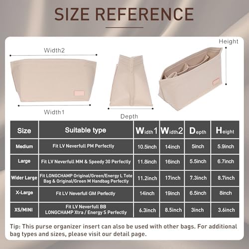 Doxo Purse Organizer Insert for Handbags & Base Shaper 2pc Set, Felt Neverfull GM Organizer Insert, Tote Bag Organizer with Zipper Pocket and Bottle Holder, Fit Neverfull GM and More, Beige-XL