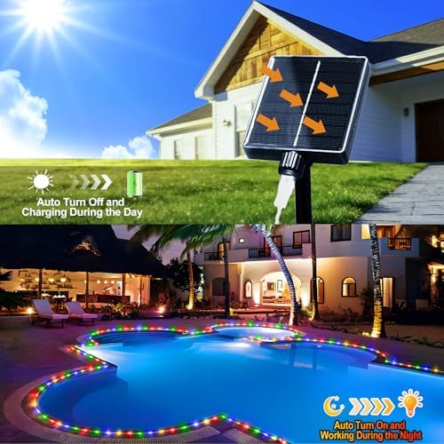KNONEW Solar Rope Lights Outdoor 300LED 50FT Solar String Lights Outside Waterproof with Modes Clear Thin Tube for Pool Tree Patio Garden Fence Camping Yard Deck Trampoline（Multicolor）
