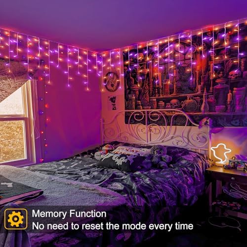 33ft Orange and Purple Halloween Lights Outdoor, 400 LED Icicle Lights for Outside House Decor, Connectable Clear Wire Twinkle String Lights with 8 Modes, Timer, Waterproof for Holiday Party Tree Yard