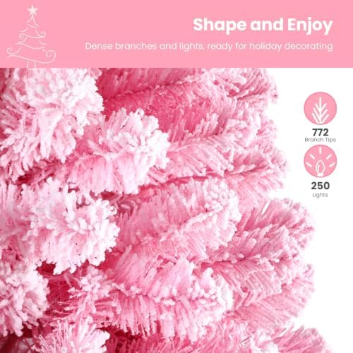 SHareconn 6.5ft Snow Flocked Spruce Pre-lit Artificial Christmas Tree, Pink
