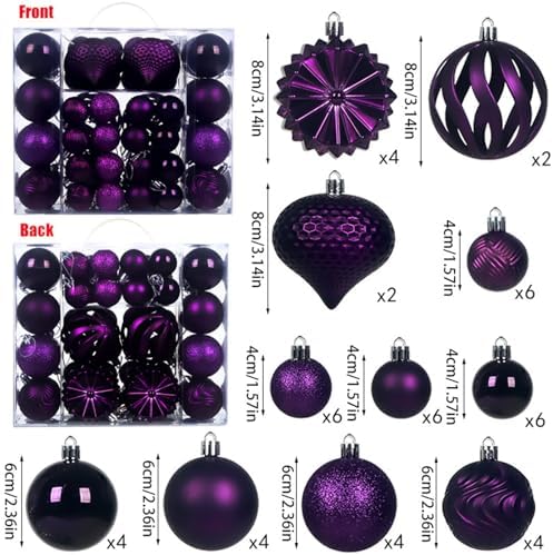 Christmas Tree Balls Ornaments Set, 48 Pcs Shatterproof Plastic Decorative Baubles Shiny Hanging Ball Ornaments for Xmas Tree Holiday Party Wedding Decoration, Purple