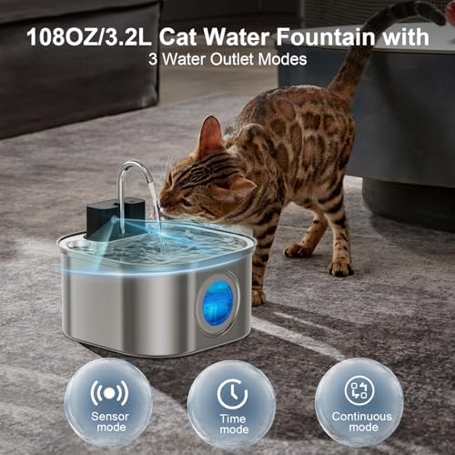 Wireless Cat Water Fountain with 6 Filters + 6 Sponges,[Rechargeable & Faucet ] Stainless Steel Battery Operated, 108oz/ 3.2l Automatic Cordless Pet Fountain -Dog Fountain with 4200 Mah Battery
