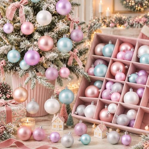 Lunmon 64 Pcs Pastel Christmas Ball Ornaments Candy Macaron Tree Decoration