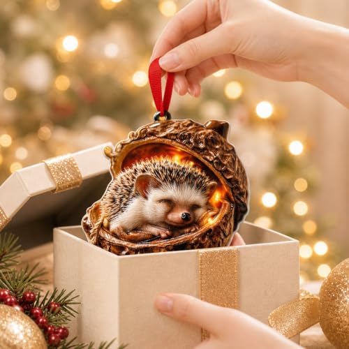 3D Forest Animal Acorn Ornaments, Woodland Christmas Decor with Realistic Animal Figures, Resin Hanging Ornaments for Christmas Tree, Home, Party Decor, Cozy Forest Theme Collection (Hedgehog)