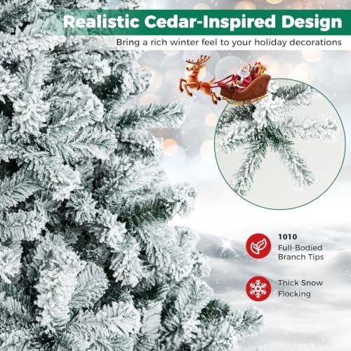 HAPPYGRILL 7.5 Feet Flocked Christmas Tree Artificial Xmas Tree with 1010 PVC Branch Tips, Hinged Xmas Tree Life-Like Seasonal Holiday Tree for Home Office
