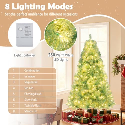 HAPPYGRILL 6 FT Pre-lit Tinsel Christmas Tree Artificial Xmas Tree with 250 LED Lights, 8 Modes, 688 Fruit Green Branch Tips, Folding Metal Stand, Seasonal Holiday Tree for Home Office Party