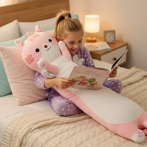Somao 23.6" Long Cat Plush Pillow with Wings - Super Soft Stuffed Animal for Kids & Adults, Cute Body Pillow for Sleeping, Squishy Cat Plushies Gifts for Girls (Pink)