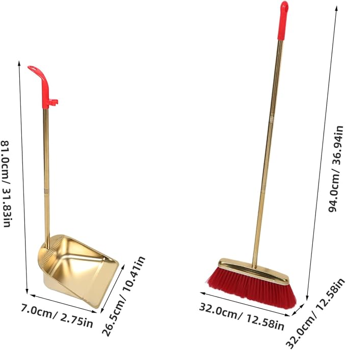 Dustpan and Broom Set with Long Handle, Stainless Steel Metal Broom and Dustpan Combo with Teeth Edge for Home Kitchen Office Floor Cleaning, Gold Color Upright Sweeping Kit