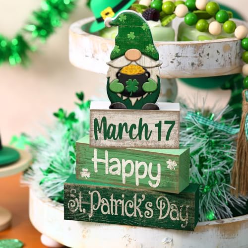 Lineshading 4 Pcs St Patricks Day Tiered Tray Decor Wooden Gnome Blocks