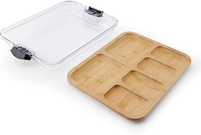 Farberware Bamboo Cutting Board with Clear Locking Lid, 11 x 14 Inch Build-A-Board Charcuterie Board with 6 Compartments for Food Prep, Snack Tray, and Entertaining